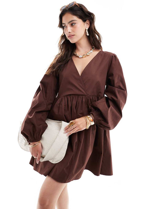 ASOS DESIGN cotton v-neck mini smock dress in chocolate brown