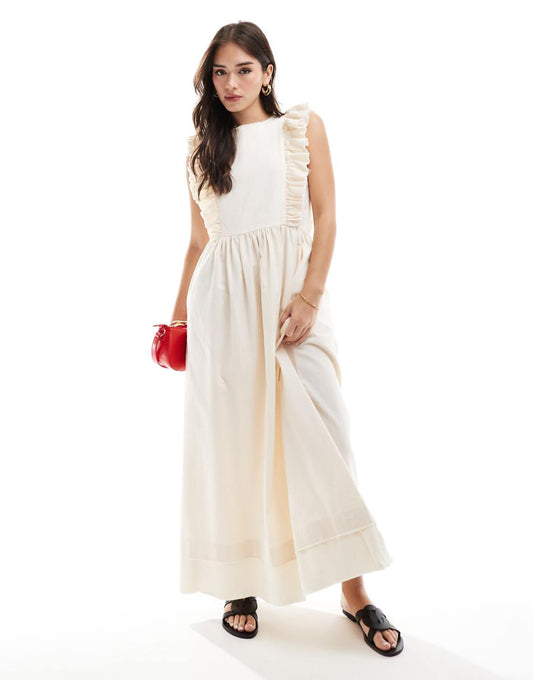 ASOS DESIGN high neck twill midi dress with frill shoulder detail in buttermilk