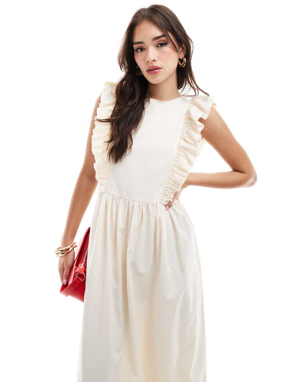 ASOS DESIGN high neck twill midi dress with frill shoulder detail in buttermilk