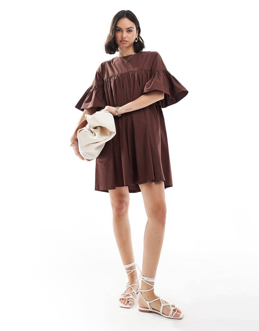 ASOS DESIGN mini smock dress with oversized sleeves in brown