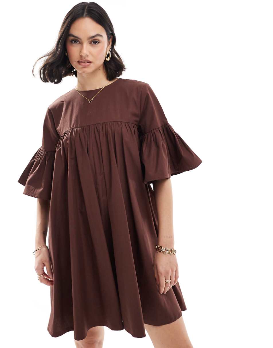 ASOS DESIGN mini smock dress with oversized sleeves in brown