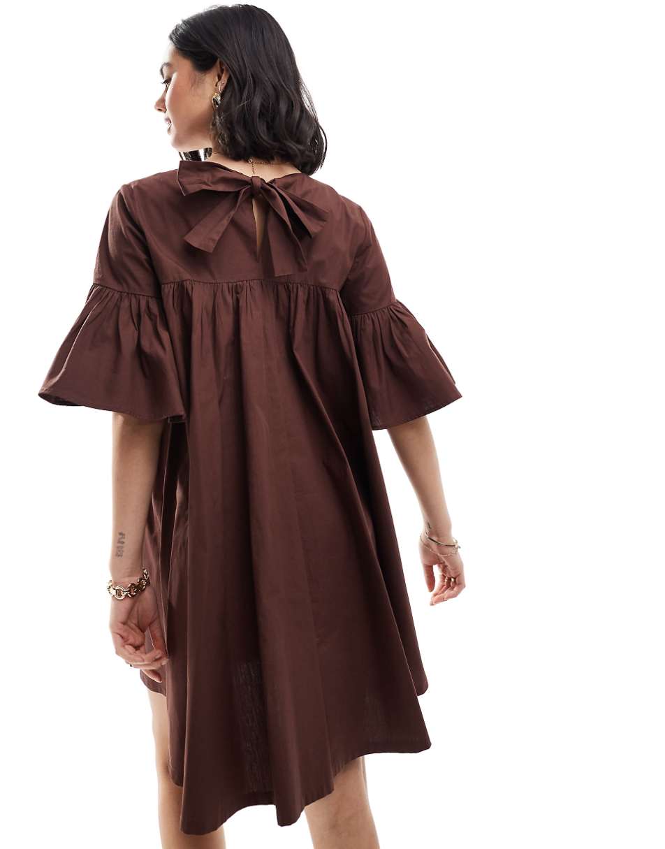 ASOS DESIGN mini smock dress with oversized sleeves in brown