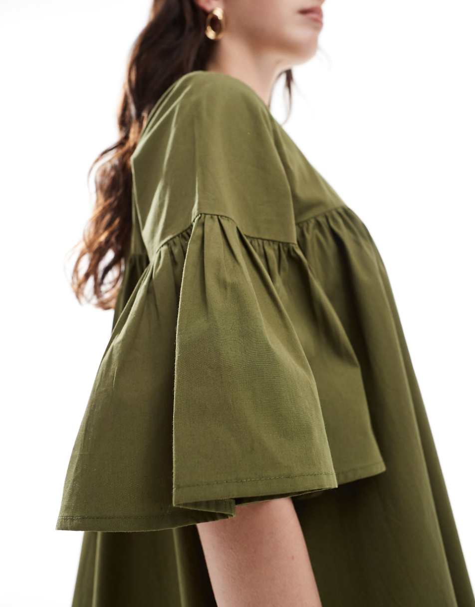 ASOS DESIGN mini smock dress with oversized sleeves in olive green