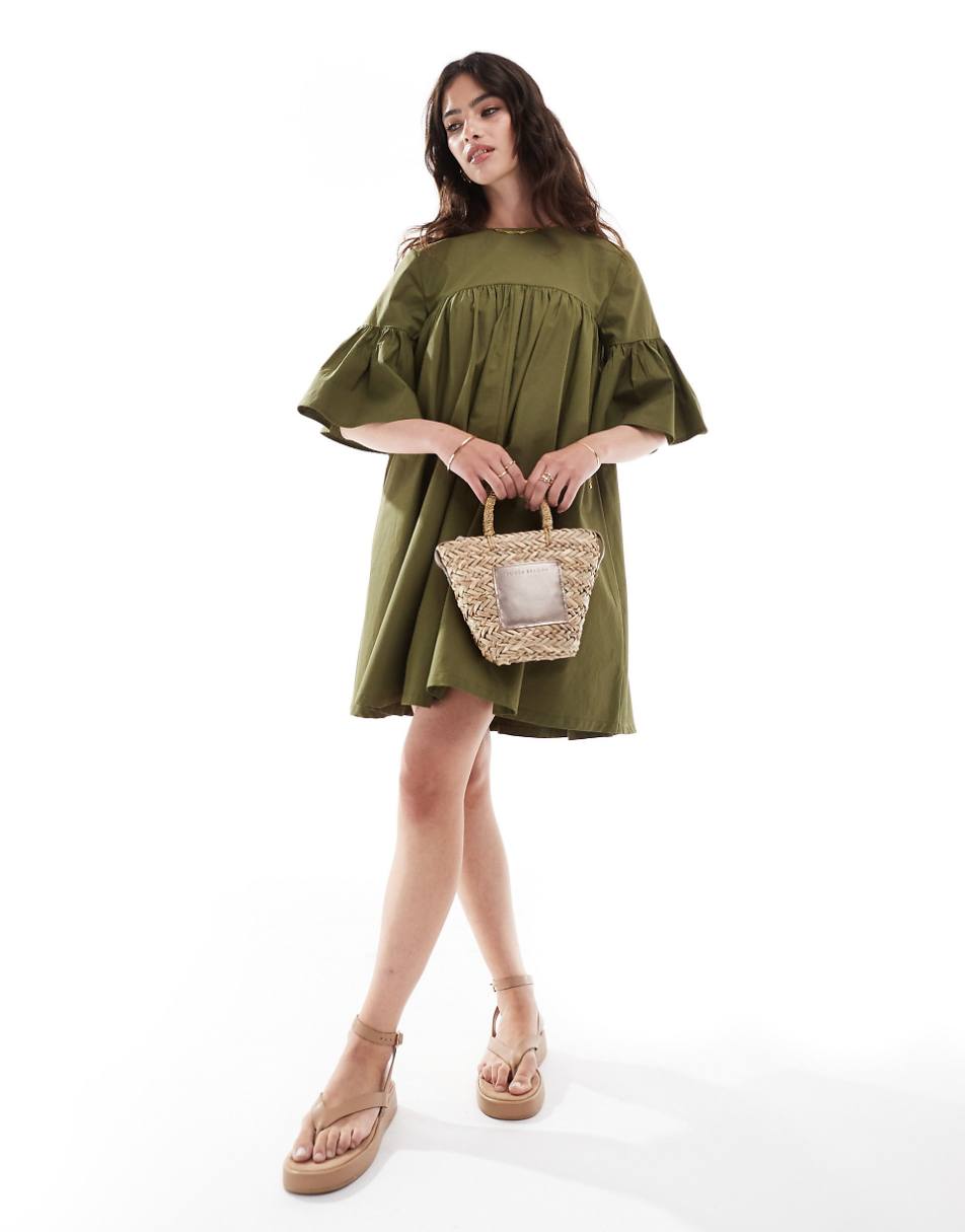 ASOS DESIGN mini smock dress with oversized sleeves in olive green