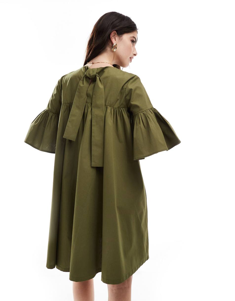 ASOS DESIGN mini smock dress with oversized sleeves in olive green