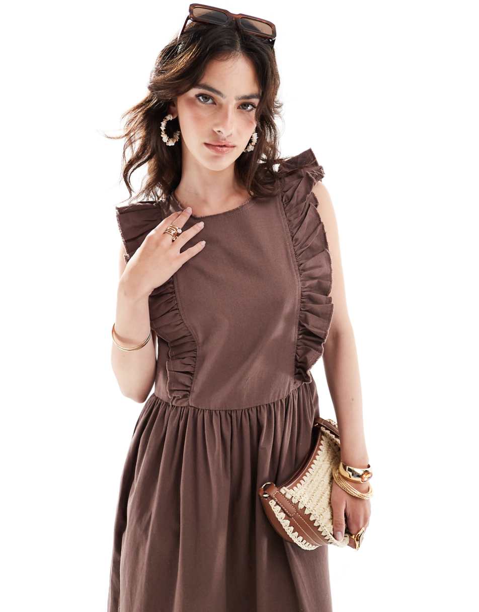 ASOS DESIGN high neck twill midi dress with frill shoulder detail in chocolate