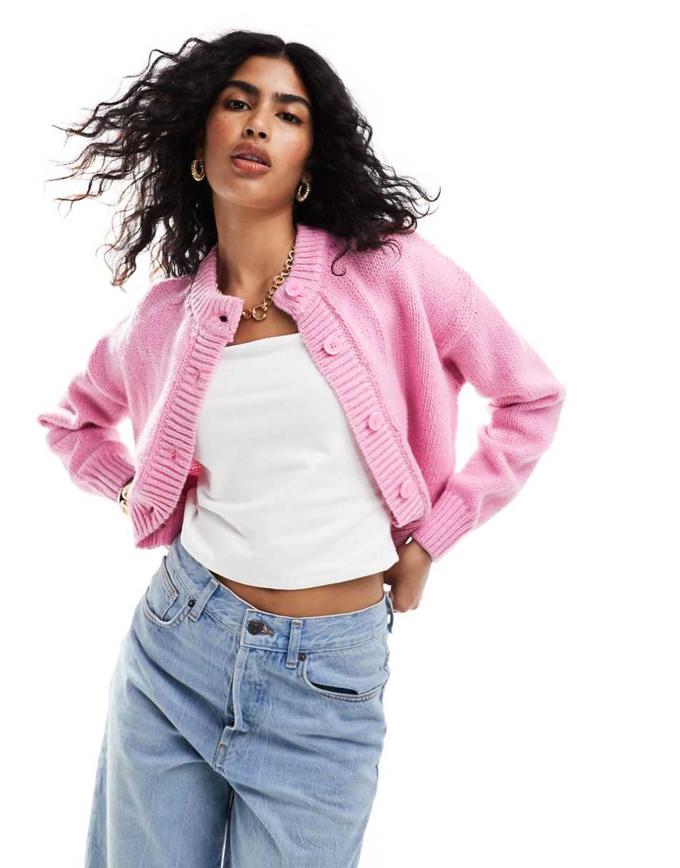 ASOS DESIGN crop crew neck cardigan in pink