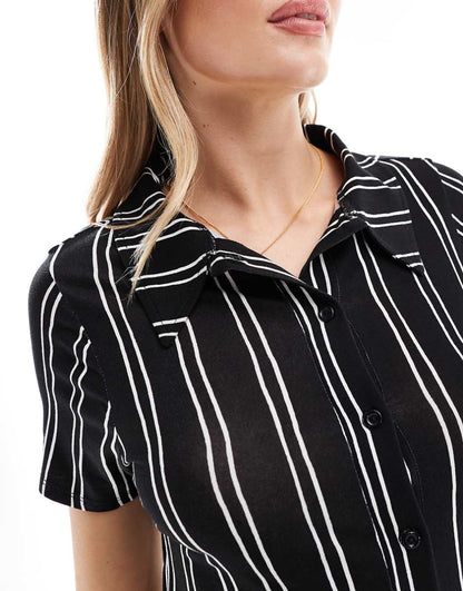 ASOS DESIGN short sleeve button through mini dress in black stripe