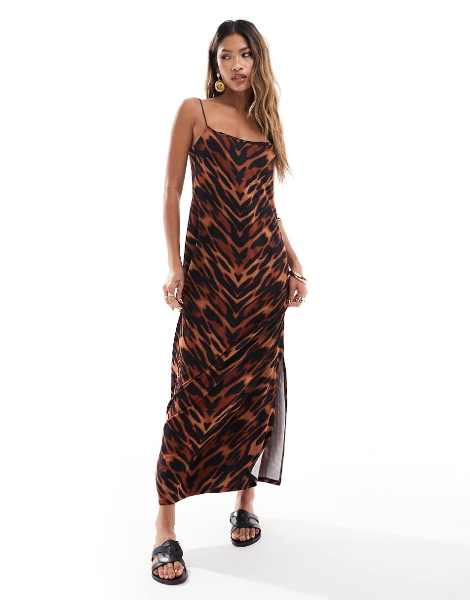 ASOS DESIGN cami strappy maxi dress with side slit in leopard print