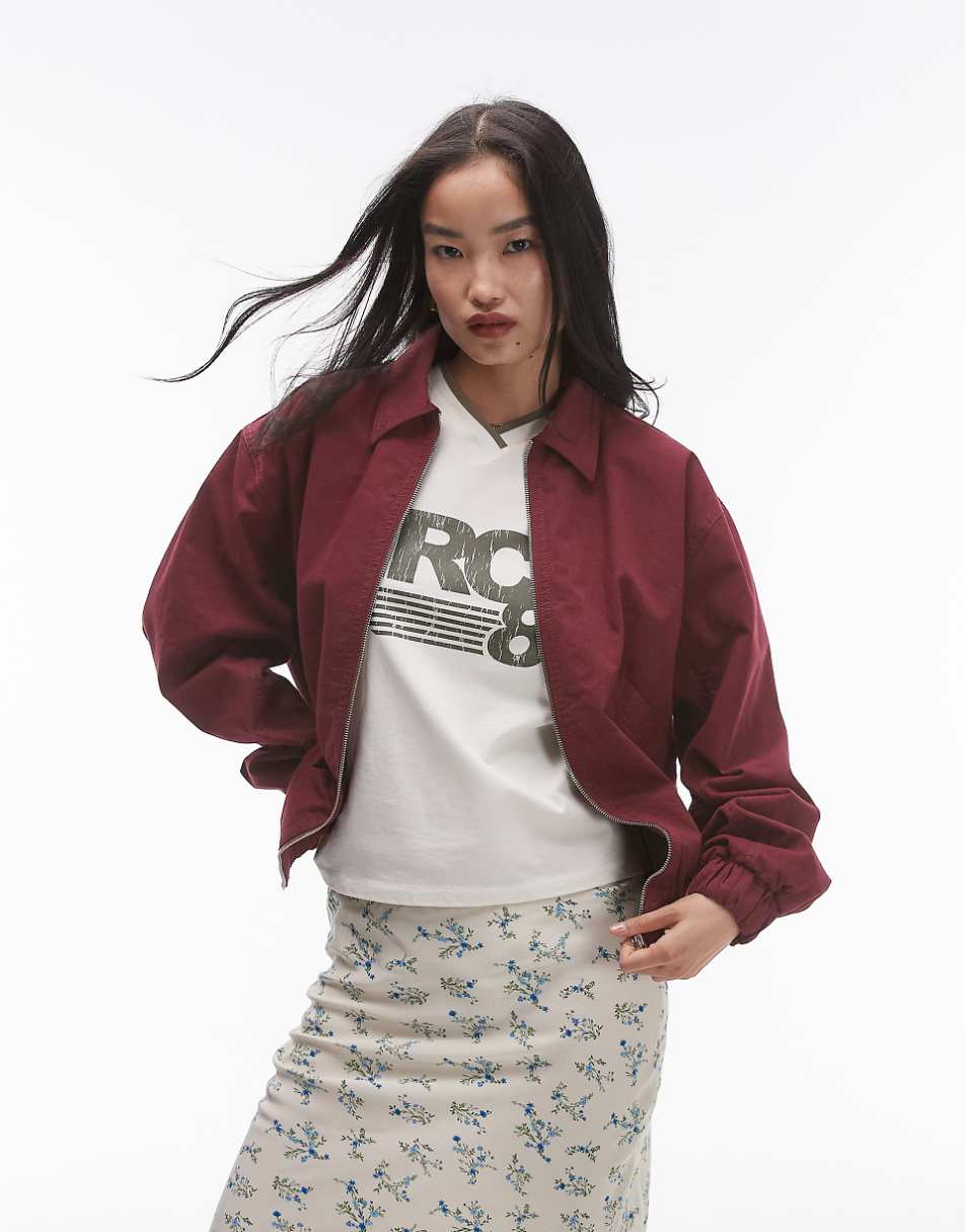 Topshop oversized cotton collar bomber jacket in burgundy