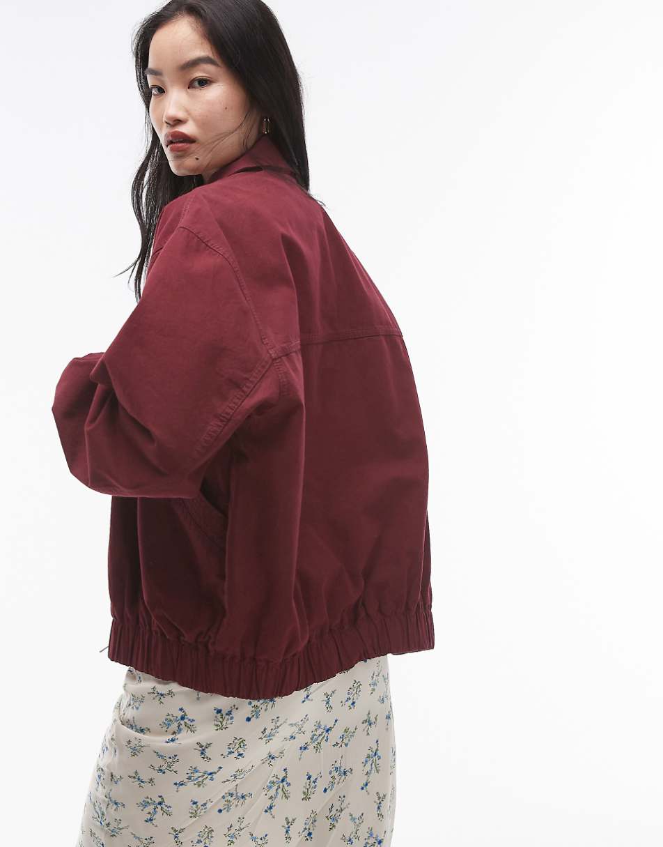 Topshop oversized cotton collar bomber jacket in burgundy