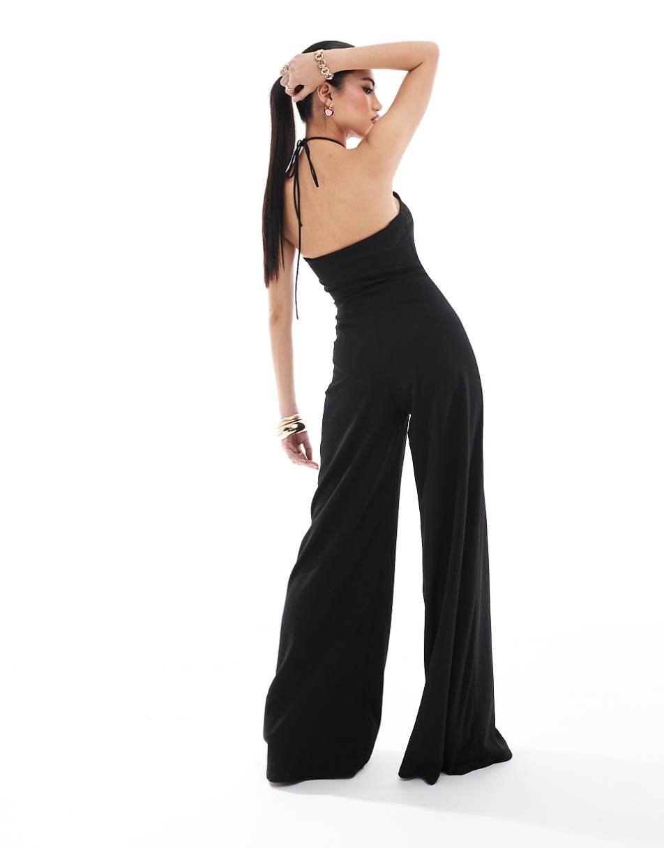 ASOS DESIGN cut-out halter wide leg jumpsuit in black