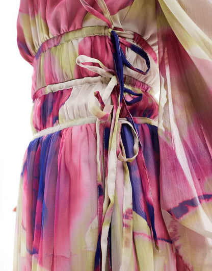 ASOS DESIGN pleated drawstring bodice maxi dress in blurred floral print