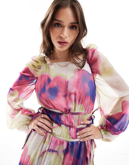 ASOS DESIGN pleated drawstring bodice maxi dress in blurred floral print