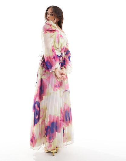 ASOS DESIGN pleated drawstring bodice maxi dress in blurred floral print