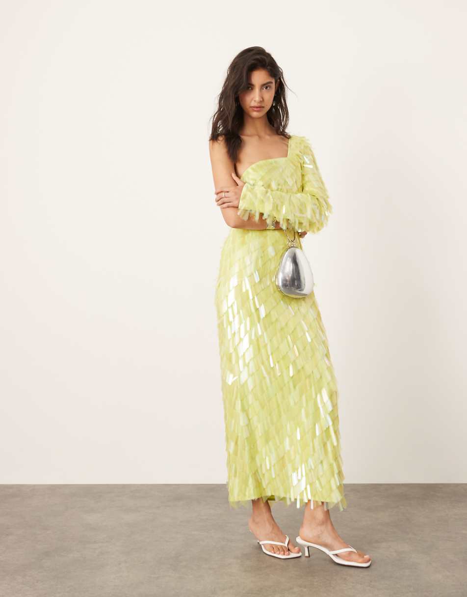 ASOS EDITION allover embellished one shoulder midi dress in lime