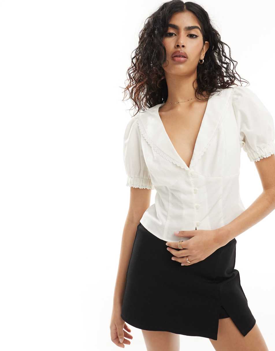 ASOS DESIGN linen look blouse with broderie trim in ivory