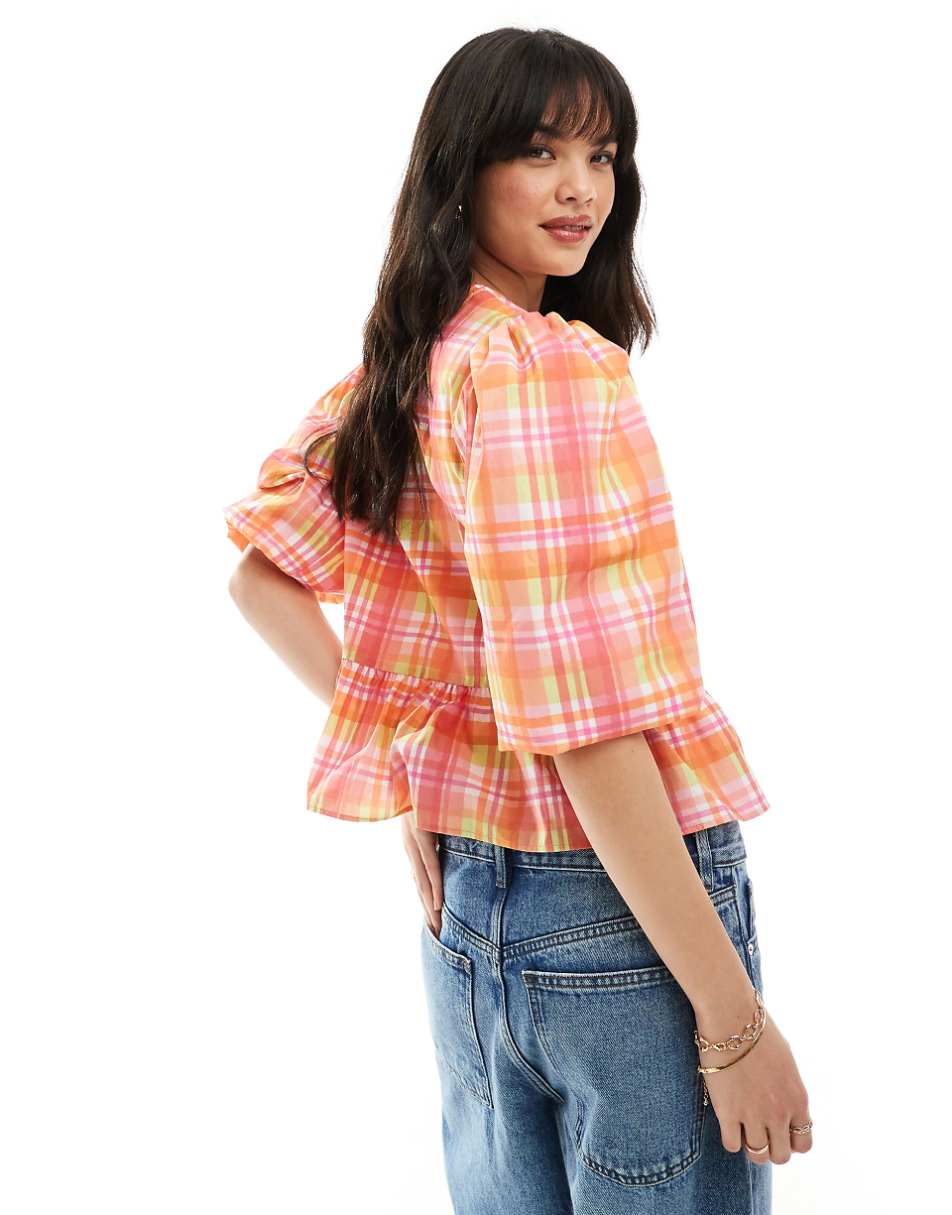 ASOS DESIGN cotton poplin peplum tie shirt in plaid print