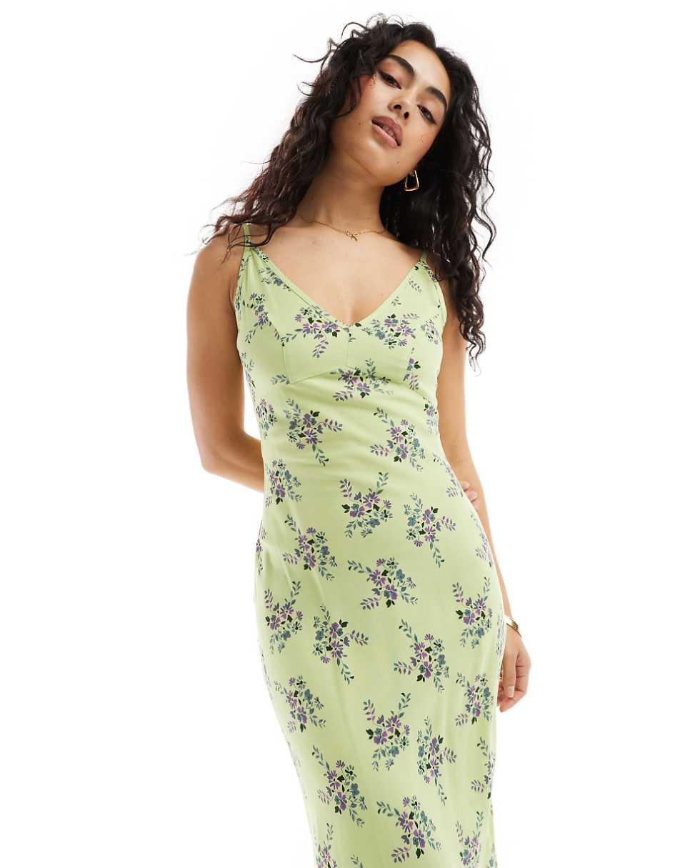 ASOS DESIGN high apex spun midi dress in green and purple floral print