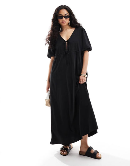 ASOS DESIGN puff sleeve mini dress with tie up bodice in black
