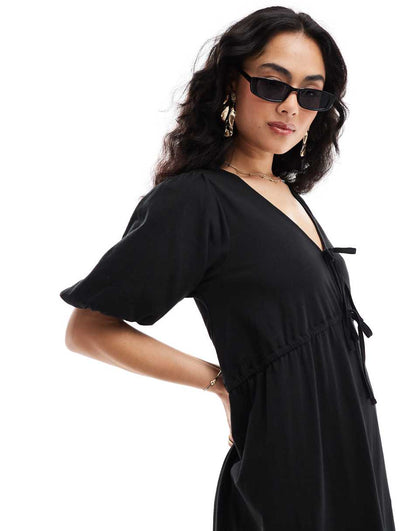 ASOS DESIGN puff sleeve mini dress with tie up bodice in black