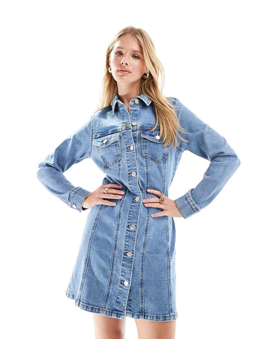 ASOS DESIGN denim fitted shirt mini dress in mid blue