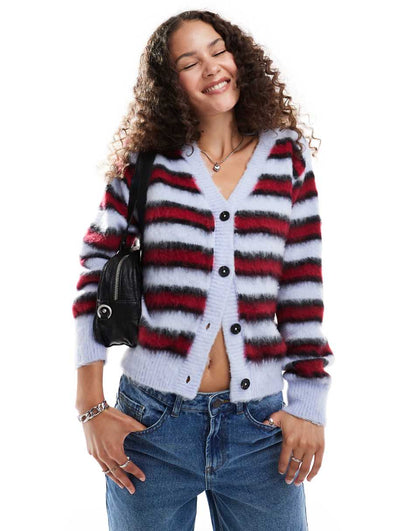 COLLUSION brushed striped v-neck cardigan in red & blue
