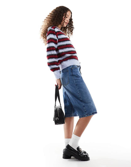 COLLUSION brushed striped v-neck cardigan in red & blue
