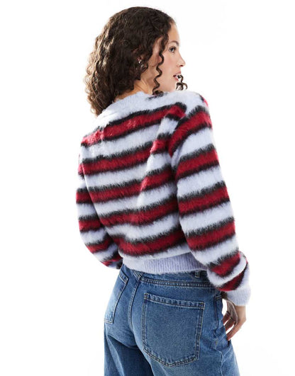 COLLUSION brushed striped v-neck cardigan in red & blue