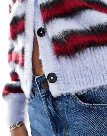 COLLUSION brushed striped v-neck cardigan in red & blue