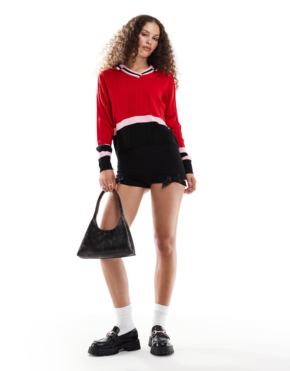 COLLUSION v neck knit top in red