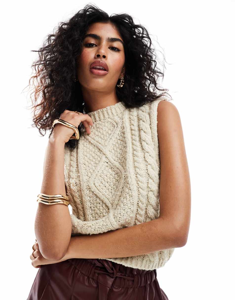 ASOS DESIGN knitted cable tank in textured yarn in stone