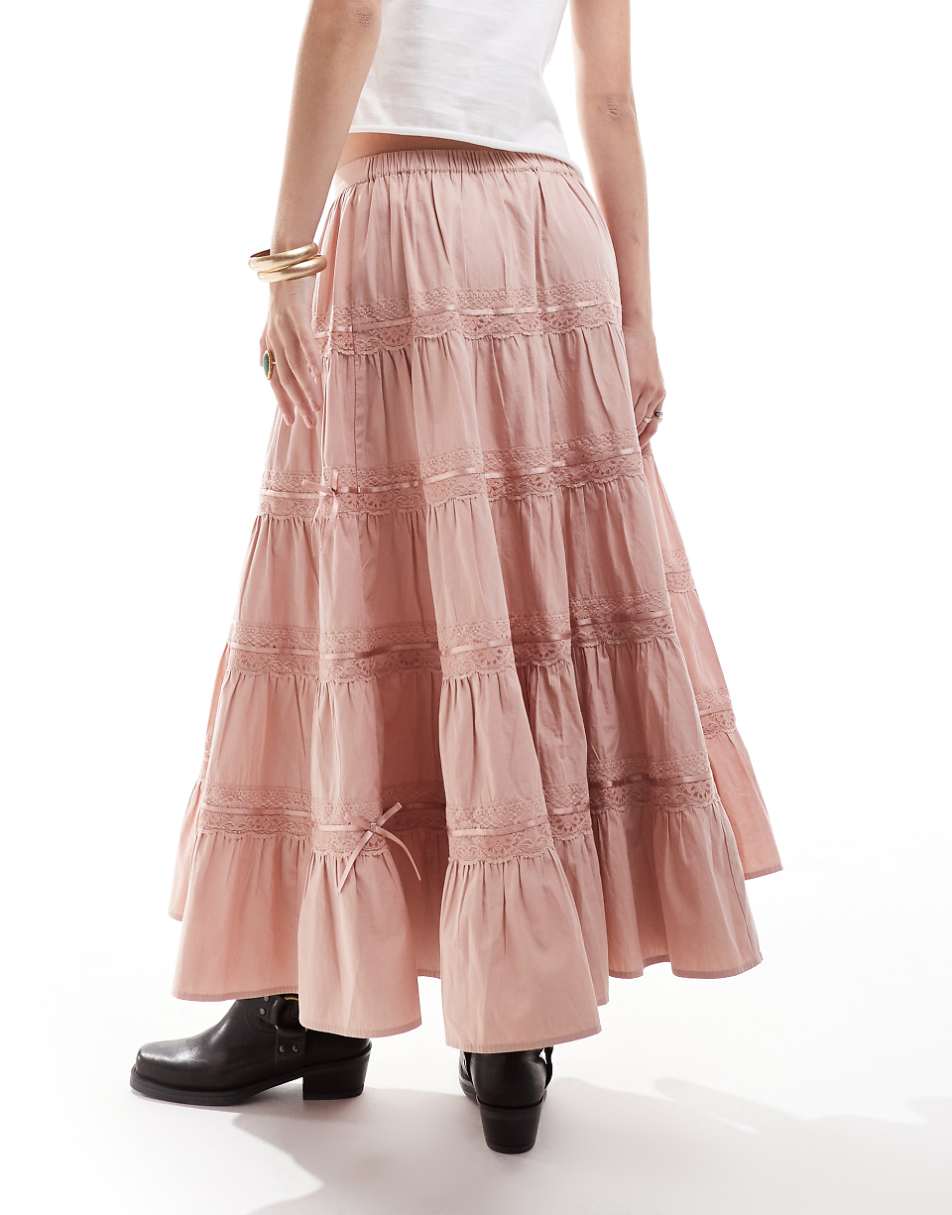 Miss Selfridge tiered ribbon trim insert prairie maxi skirt in pink