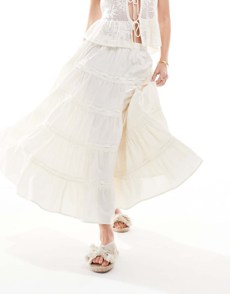 Miss Selfridge tiered ribbon trim insert prairie maxi skirt in cream