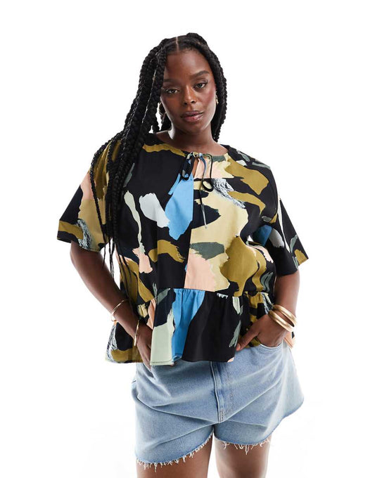 ASOS DESIGN Curve smock tie front top in arty abstract print