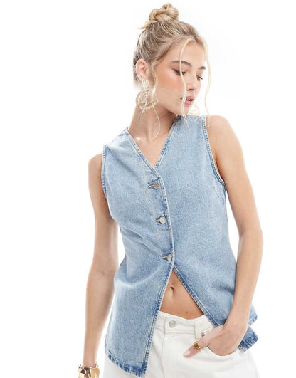 ASOS DESIGN vest with cinch waist in lightwash blue
