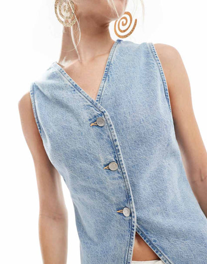 ASOS DESIGN vest with cinch waist in lightwash blue