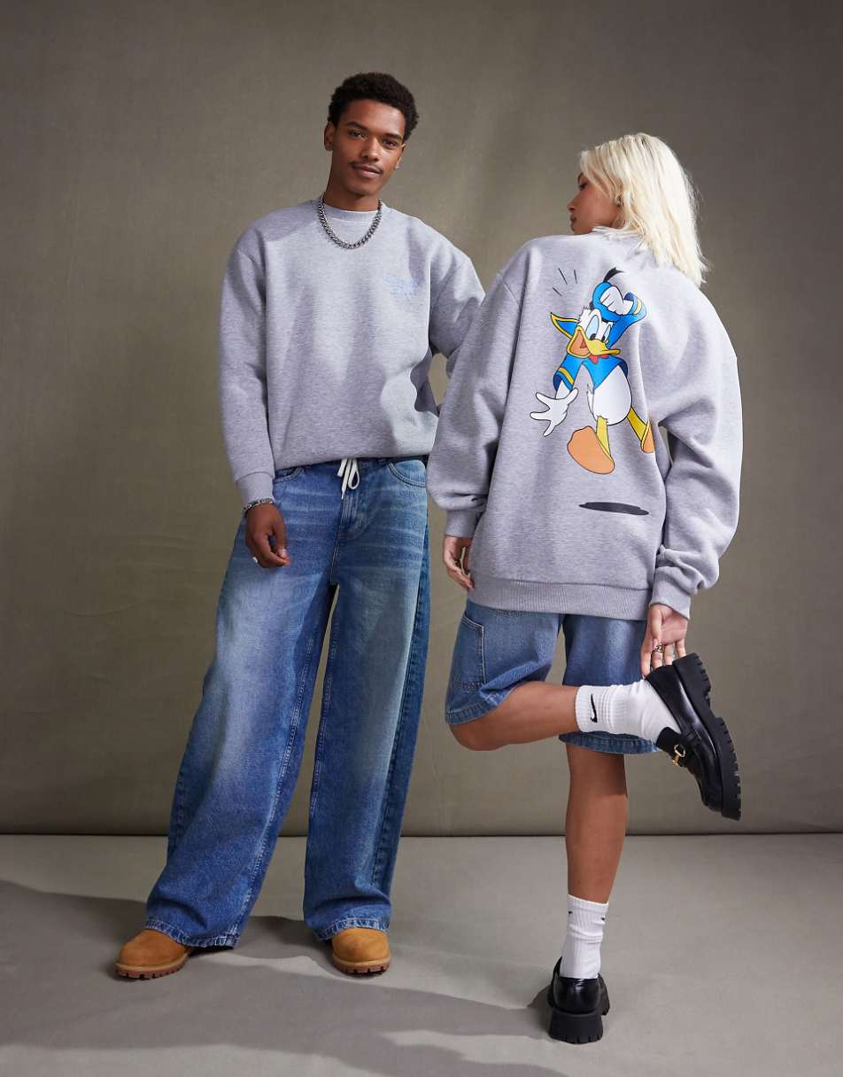 ASOS DESIGN Disney unisex oversized sweatshirt with Donald Duck prints in heather gray