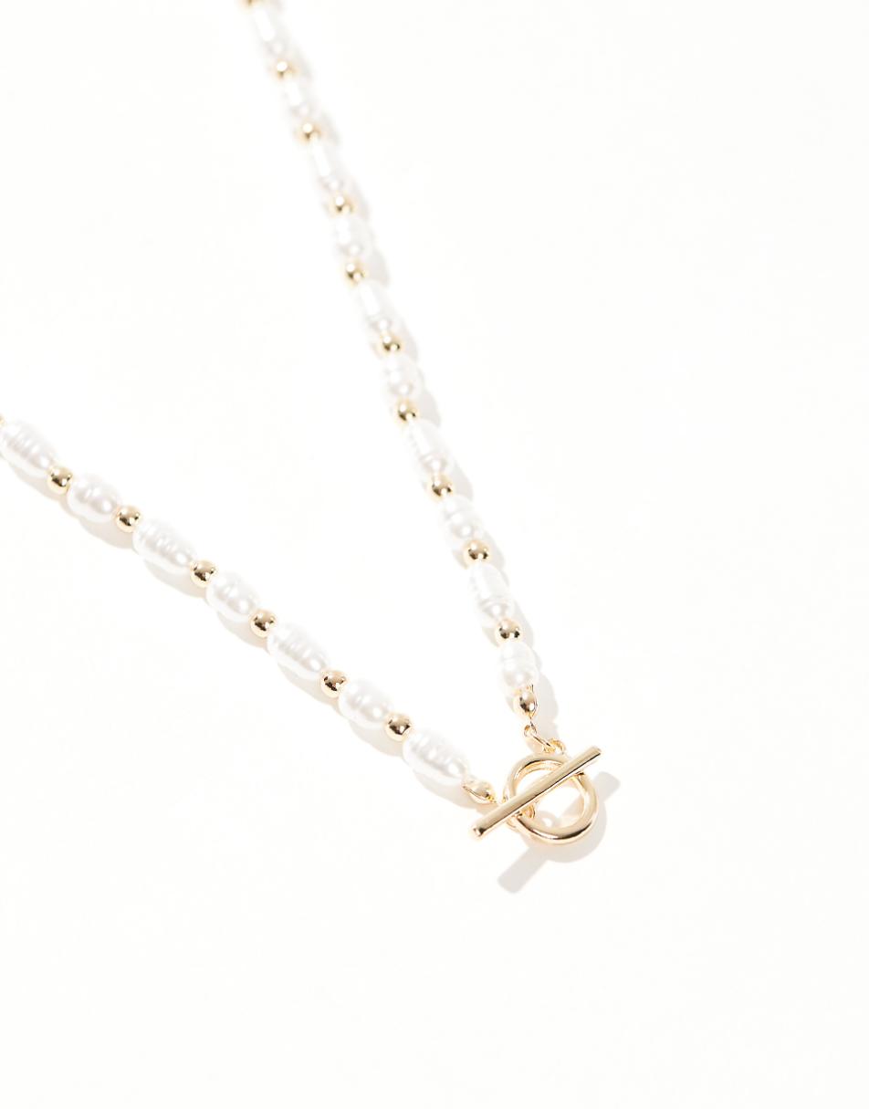 ASOS DESIGN faux pearl necklace with T bar detail in gold tone