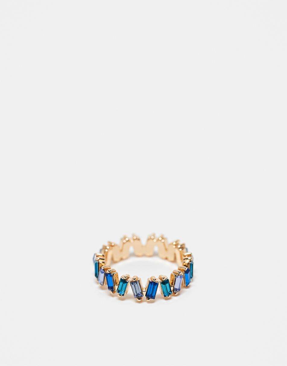 ASOS DESIGN baguette ring with tonal blue stones in gold tone