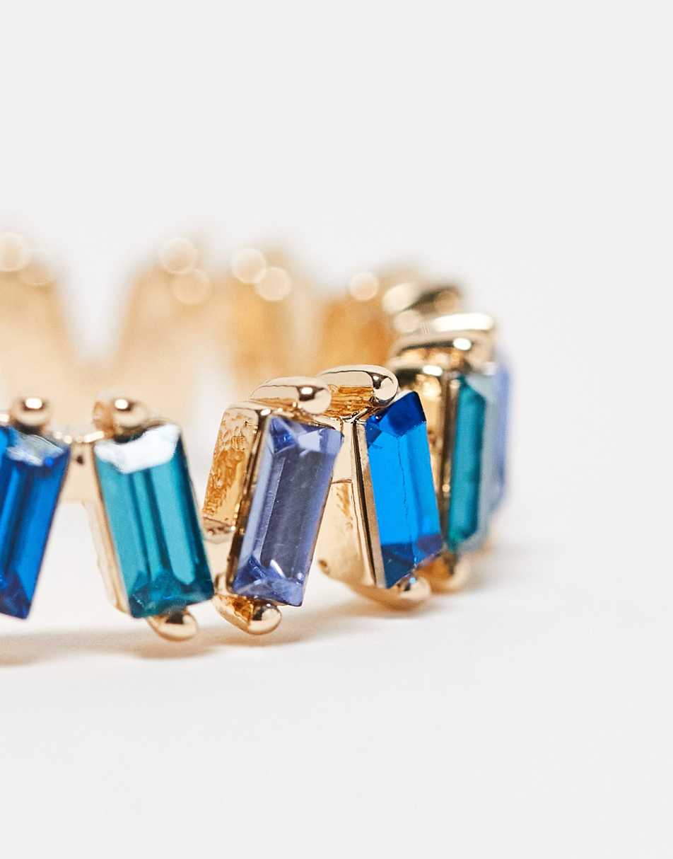 ASOS DESIGN baguette ring with tonal blue stones in gold tone