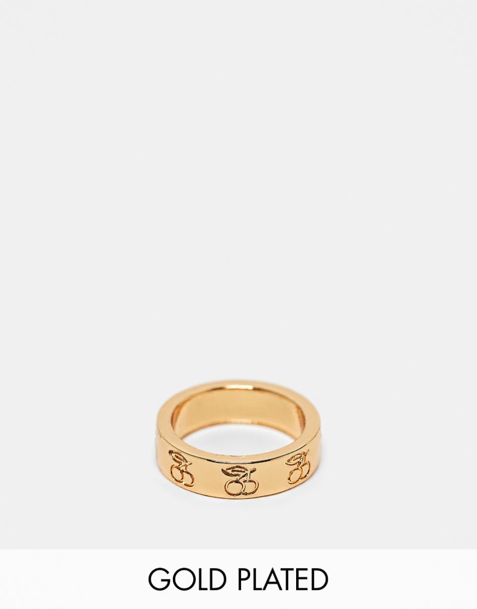 ASOS DESIGN 14k gold plated ring with engraved cherry design