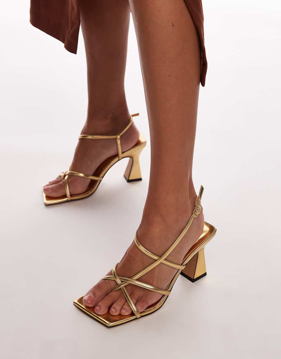 Topshop Wide Fit Gracy strappy block heeled sandals in gold