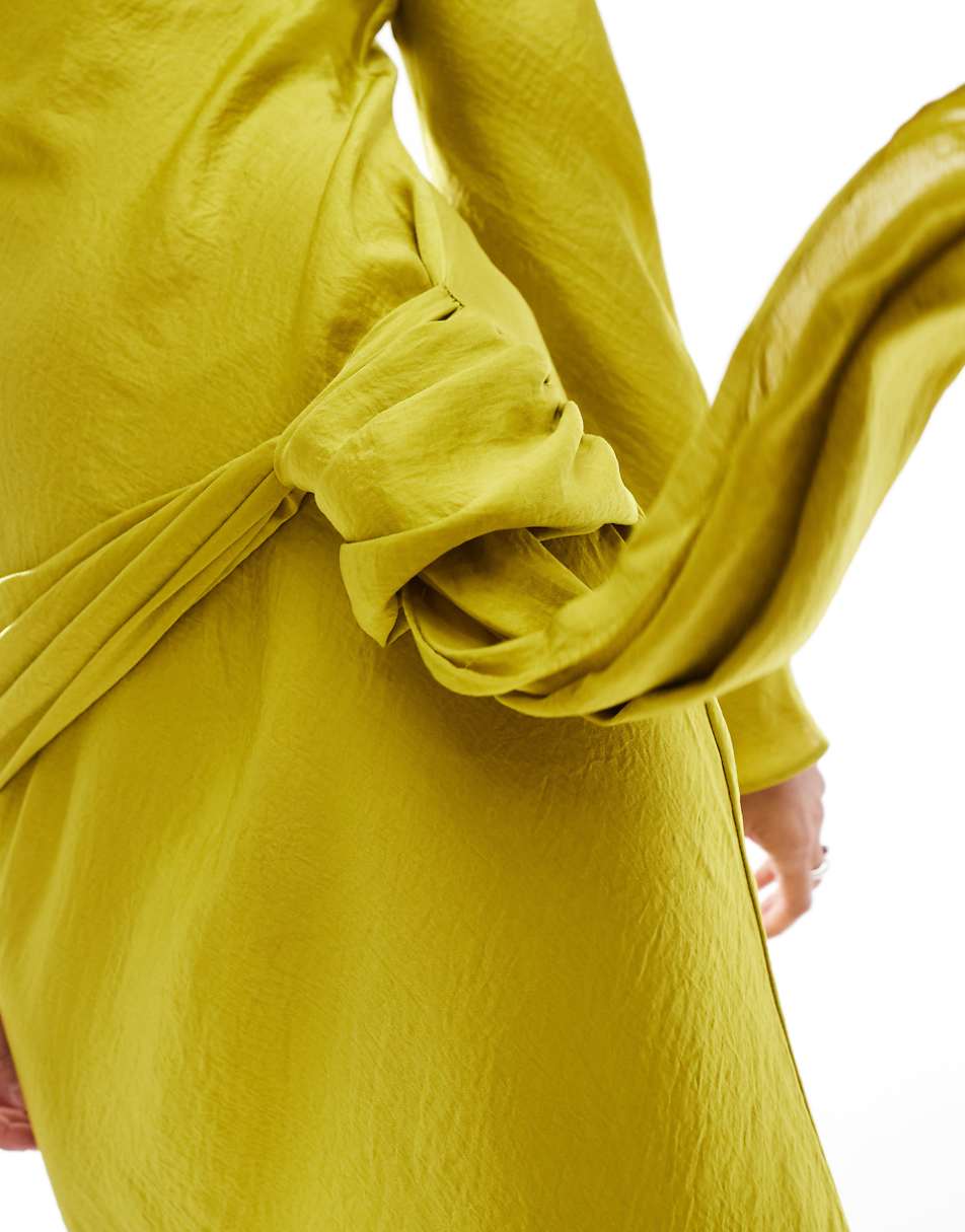 ASOS DESIGN long sleeve dropped belt satin maxi dress in chartreuse