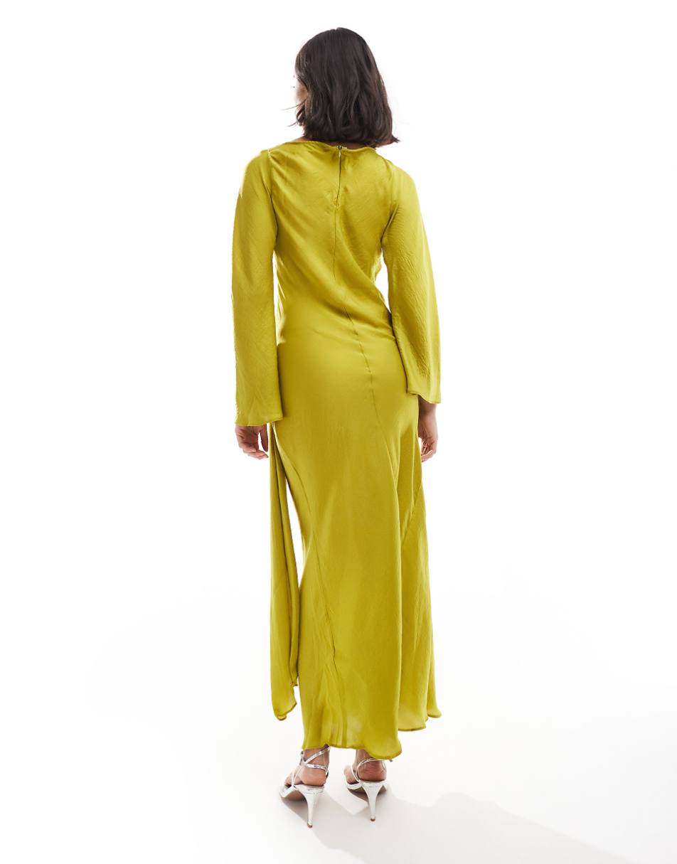 ASOS DESIGN long sleeve dropped belt satin maxi dress in chartreuse