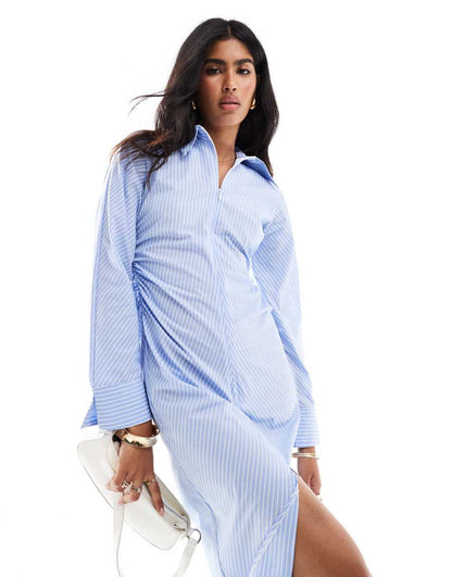 ASOS DESIGN zip up maxi shirt dress in blue and white stripe