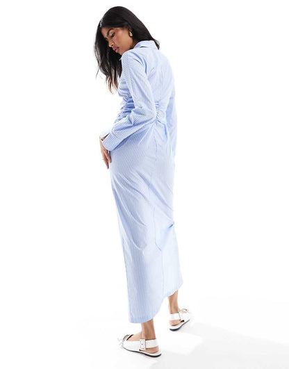 ASOS DESIGN zip up maxi shirt dress in blue and white stripe