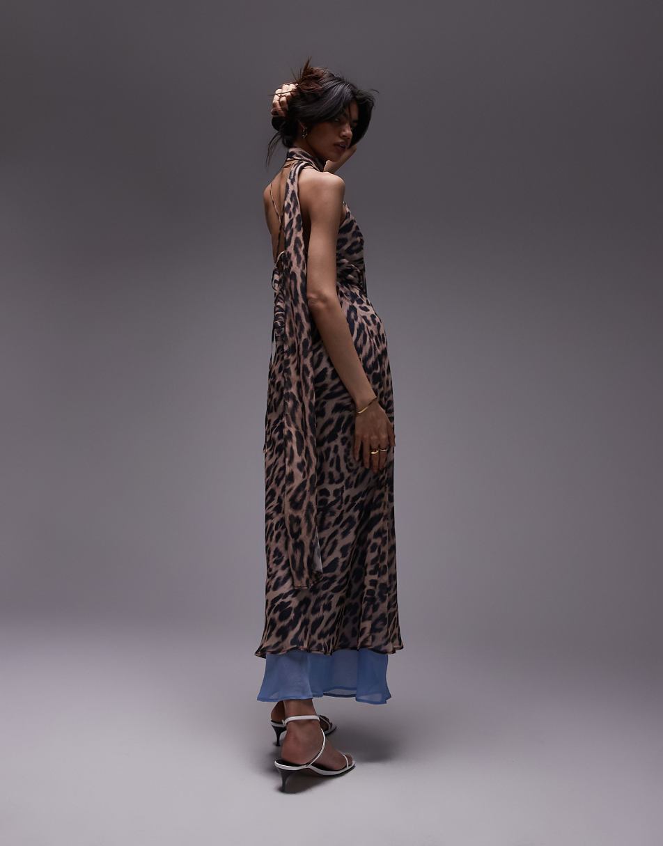 Topshop chiffon cowl slip dress in leopard with blue print chiffon with scarf