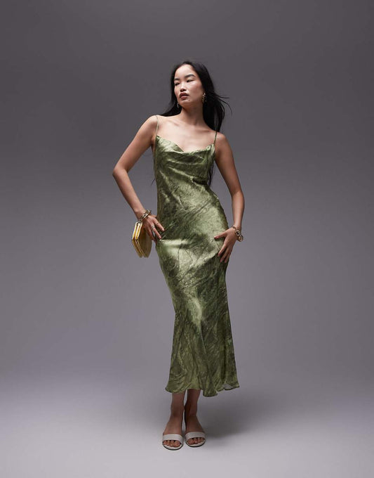 Topshop cowl midi slip dress placement lace in green print