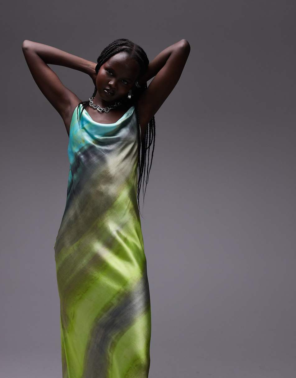 Topshop cowl slip midi dress in green tie dye print